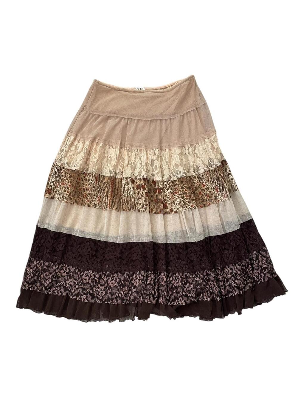 Y2K Cache Tiered Midi Skirt Boho Mesh Lace Bohemian Tan Brown Women's Size Small